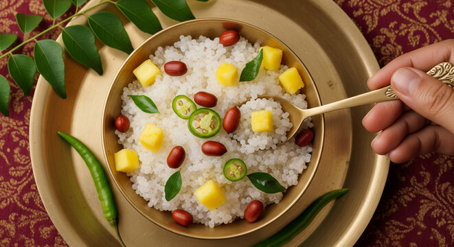 Sabudana Khichdi Sabudana khichri tapioca pearls cassava sago Khichdi Mahashivratri Shivratri Navratri Ram Navami festival fasting food sabudana usal woman hand serving vegetarian Indian food ...