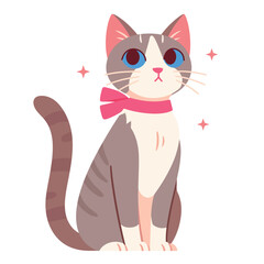 Obraz premium A cat with gray and white fur sits upright with a pink bow around its neck. The cat has bright blue eyes and is surrounded by sparkles, suggesting a cheerful atmosphere.