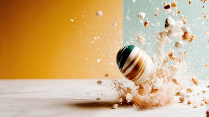A vivid image captures a colorful egg bursting amidst cracked popcorn explosions, symbolizing joy and surprise, evoking childlike delight and creativity in a playful manner.
