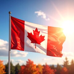 A Canadian flag waving in the wind on a sunny day with autumn trees
