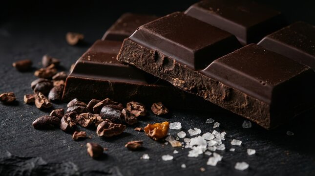 Close-up of premium dark chocolate bars with sea salt and raw cocoa beans on dark stone.
