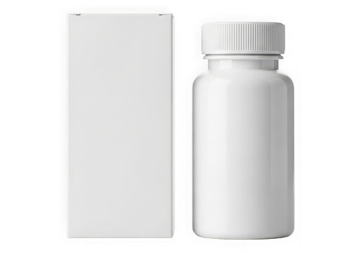 White medicine bottle and packaging box isolated on transparent background