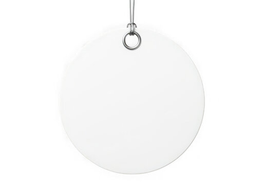 White round tag or label hanging from a metal ring isolated on transparent background