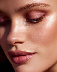 Close up of woman with luminous skin, soft pink eyeshadow, and natural makeup, showing smooth texture and glowing beauty