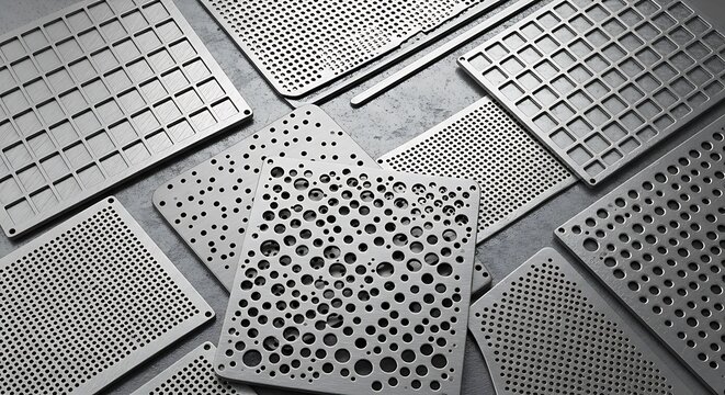 Collection of metal plates with different perforation patterns arranged in grid formation