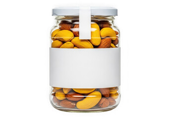 Glass jar filled with assorted nuts, isolated on transparent background
