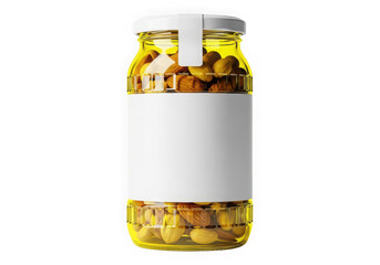 Transparent glass jar filled with yellow pickles and a blank label, isolated on transparent background