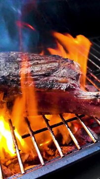 Vertical view of tomahawk steak on the grill with fire flames in slow motion.