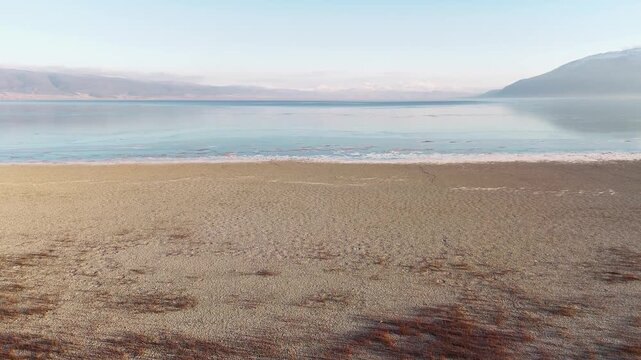Wide shot of a sandy beach transition from dry reeds to shallow lake water with scattered brown algae and patches of ice during a clear winter morning light