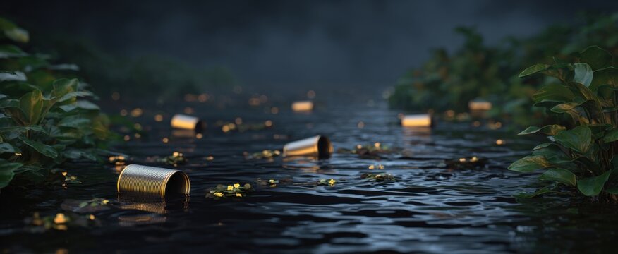 Cans float on a murky river at dusk showcasing freshwater plastic pollution effects.