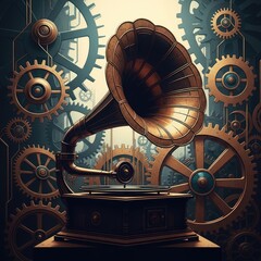 Vintage Vinyl Turntable With Intricate Retro Industrial Gears and Cogs Against Gothic Mechanical Backdrop in Muted Gold
