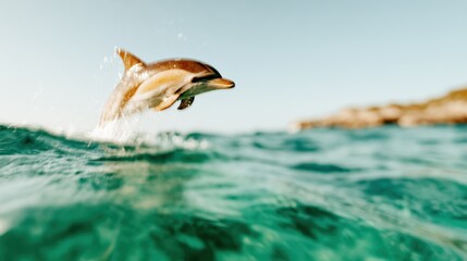 A playful dolphin leaps gracefully out of the vibrant sea, showcasing the beauty of marine life and the joy found in nature's most captivating moments.