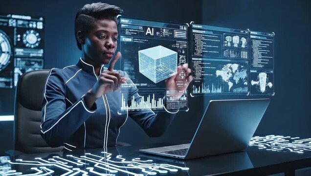 Man interacting with AI technology and digital interfaces in a futuristic workspace environment from a moderate viewpoint