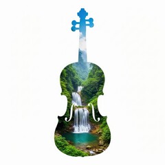 Violin Silhouette With Lush Waterfall Landscape Music and Nature Harmony