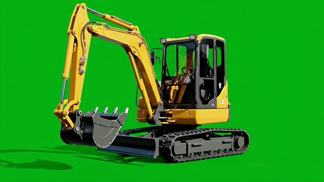 Small Yellow Mini Excavator Construction Vehicle on Green Screen Background.
