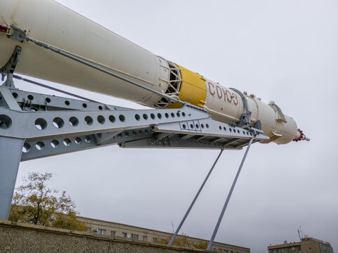 Soyuz R-7 rocket monument in Baikonur, Kazakhstan, Russian-leased cosmodrome, backbone of Soviet and Russian space program.
