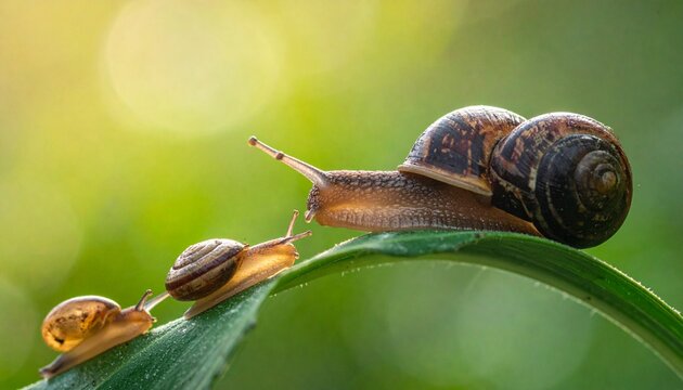 Three snails slowly moving up a green leaf in a row, a family on a journey