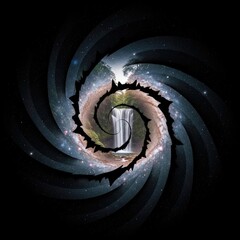 Waterfall Within a Galaxy Spiral Vortex Nature Meets Space Stock Photo