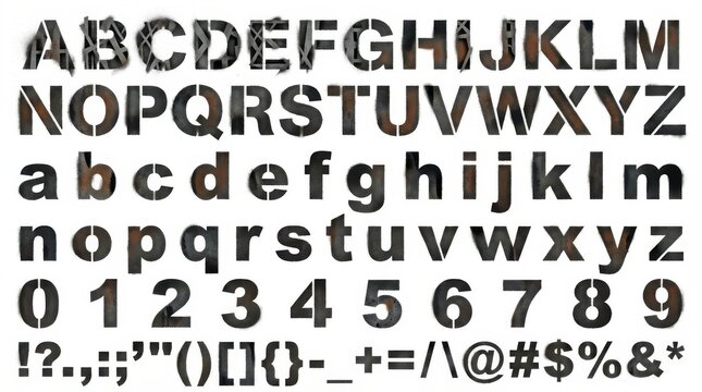 font alphabet in urban stencil style from a to z numbers punctuation isolated on white background