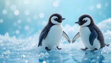 Fototapeta premium two baby emperor penguins walking together on ice floe