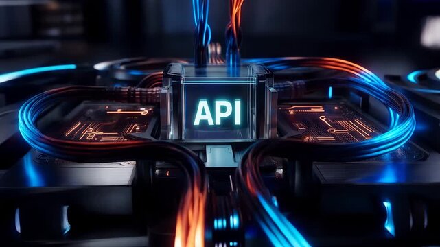 Close up of artificial intelligence processor chip with glowing api text inside futuristic server environment. Concept of digital technology and data processing