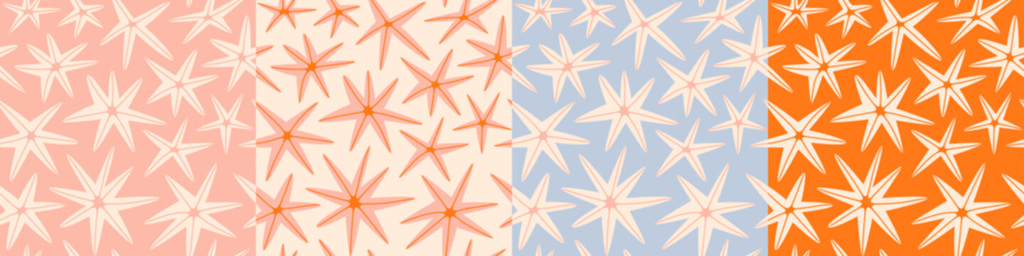 Retro hand drawn star fish seamless pattern set. Summer marine animal background design. Vacation travel concept. Starfish flat cartoon backdrop illustration collection.