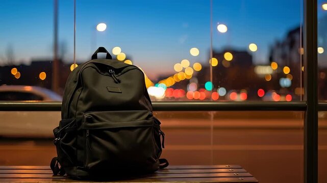 Urban evening scene with backpack on bench overlooking city lights traffic