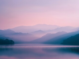 Obraz premium Serene Mountain Lake at Dawn: Calm Water, Gentle Hues, Peaceful Escape