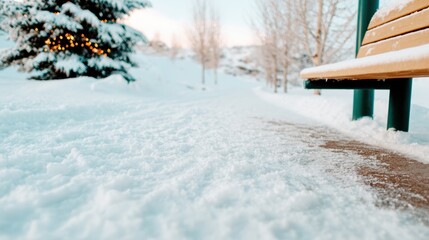 An inviting view of a snow-covered pathway surrounded by frost-laden trees, inviting viewers to embrace the beauty and tranquility of winter landscapes.