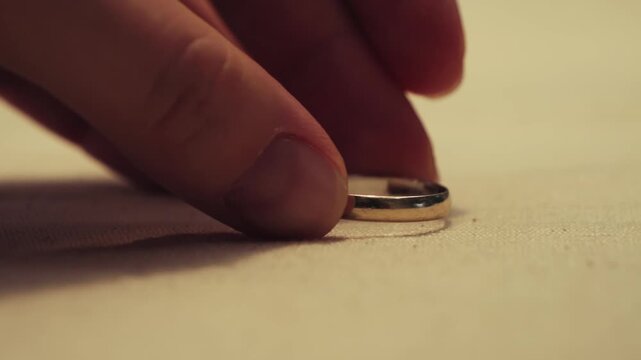 Fading feelings of love. A woman removes her wedding ring from her finger and places it on the table. The theme is adultery and divorce.