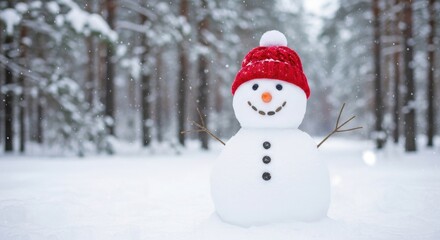 Obraz premium Cheerful snowman with red hat in snowy winter forest.