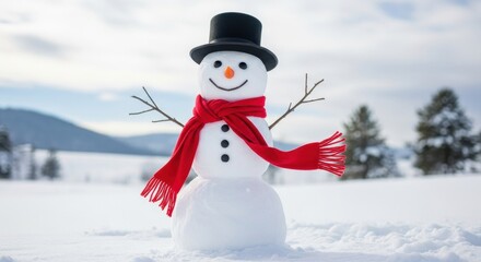 Obraz premium Cheerful snowman with red scarf in winter landscape.
