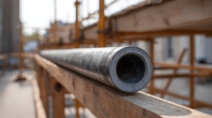 A long metal pipe rests on wooden beams with blurred scaffolding in the background