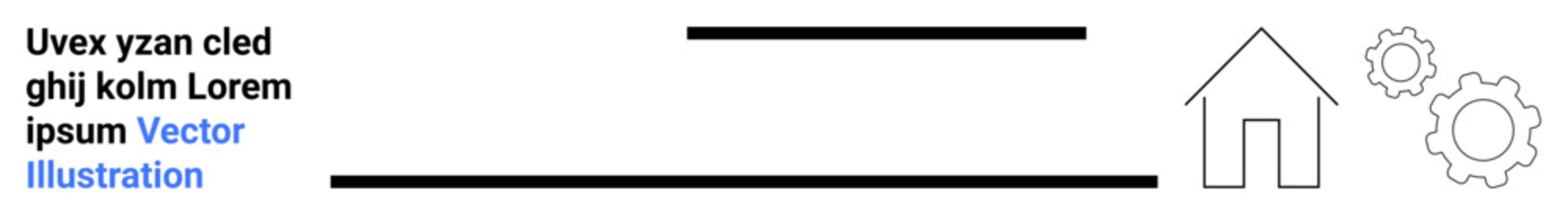 Home maintenance, technology integration, industry, construction, digital tools, simple design. Black lines, house icon gear symbols on white background. Home maintenance and technology concepts