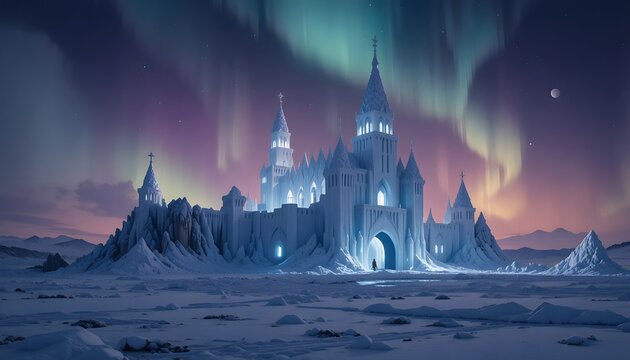 magical ice castle under aurora borealis in snowy winter night landscape