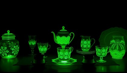 vintage tableware glasses made by uranium on uv light