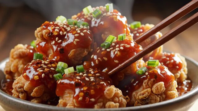 Crispy chicken bites with red sauce and green onions