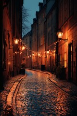 Obraz premium Cobblestone Street Lit by Warm Lights in a Charming European Townscape
