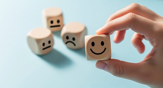 Hand choosing happy wooden block with smiley face over neutral and sad faces