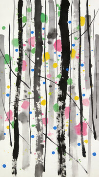 Bamboo in Ink Wash with Colorful Dot and Patch Accents: An Oriental Artwork