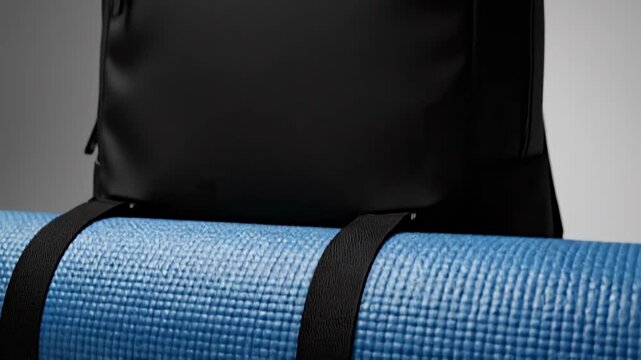 Modern black backpack with yoga mat in minimalist setting highlighting practicality and style