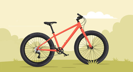 Obraz premium A bright orange bicycle with wide tires stands on a grassy hill