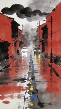 Watercolor Rendering of a Rain-soaked Urban Street with Red Buildings, Reflective Wet Pavement, Vehicles, and Distant Mountains under a Stormy Sky