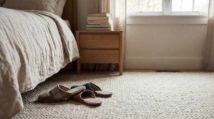 Cozy bedroom lived in spaces with unmade bed soft light and quiet comfort morning mood with slippers on textured rug near window