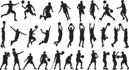 Basketball player silhouette collection showing dribbling shooting passing jumping defensive actions isolated on white background sports fitness training illustration © Frd Art