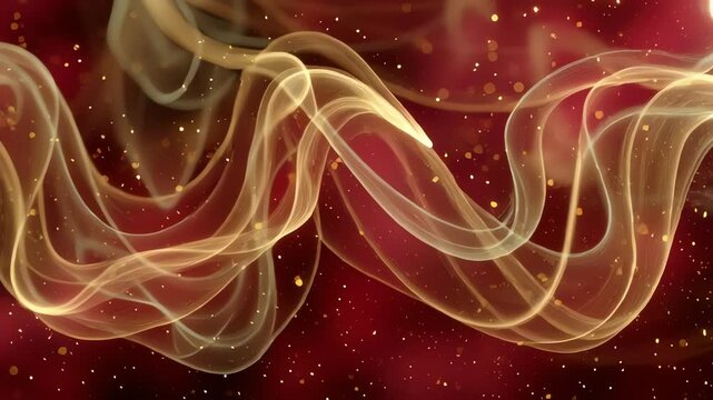 Elegant Golden Light Waves on Red Background &ndash; Luxury Abstract Flowing Energy Particles Animation, Shimmering Gold Silk Motion with Sparkling Dust on Deep Red Backdrop for Festive and Premium Visual
