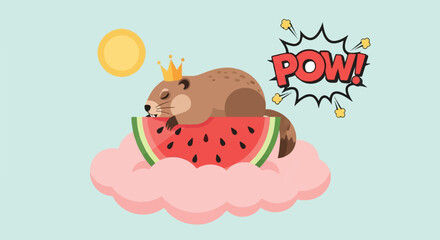A cartoon beaver wearing a crown sleeps on watermelon, sun shines