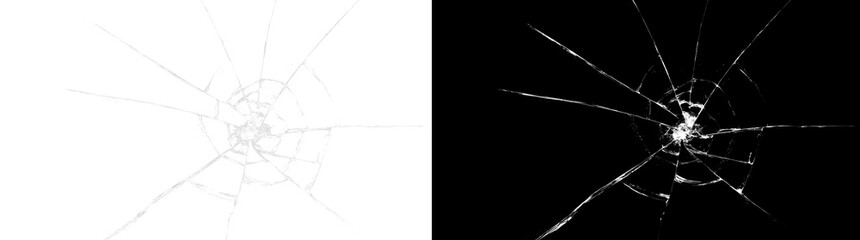 Broken glass crack overlay with central shatter and sharp shards, isolated for compositing and design effects.
