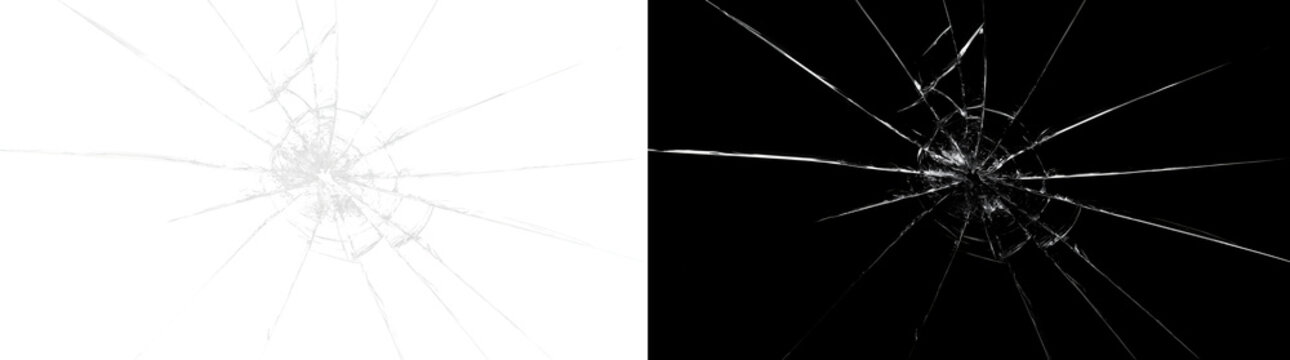 Realistic broken glass crack with central impact point and sharp shattered splinters, isolated on black.