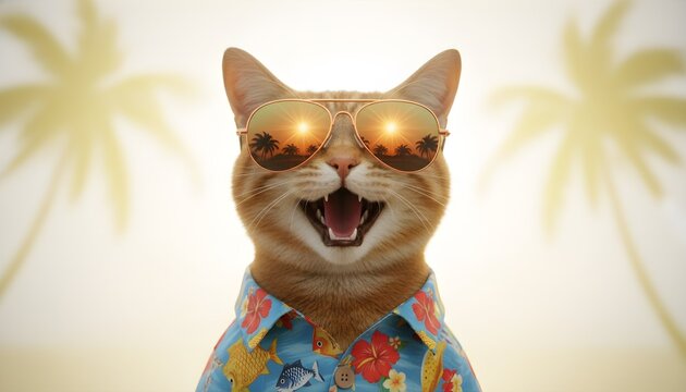 A cat model wearing sunglasses on a bright background